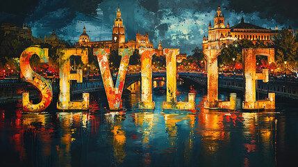 Fototapeta premium Large illuminated sign spelling seville at night with guadalquivir river and cityscape in background, creating a vibrant travel poster effect