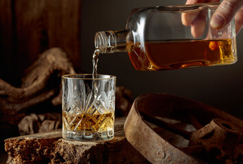 Whiskey is poured from a bottle into a glass.