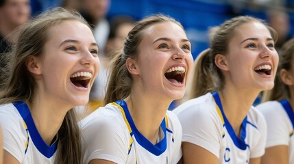 Cheerful volleyball team, joyful mood, athletes celebrating during match, vibrant sports atmosphere
