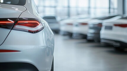 Modern car dealership showroom. Parked cars in a row. Clean and bright showroom. New vehicles. Opportunities for leasing and auto insurance. Customers can browse vehicles for purchase.