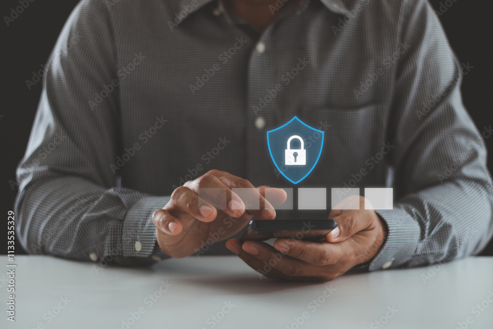 Fototapete OTP One time password security authentication. Cyber security in two-step verification. Account access app to sign in securely, receive verification codes by text message, pin code, 2FA two-factor.