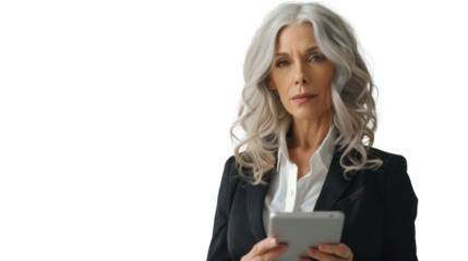 Portrait of american middle age woman holding tablet on white background

