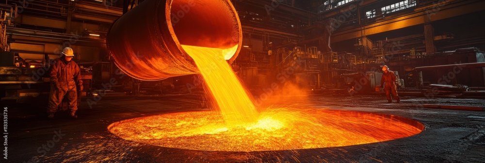 Poster Molten metal is being poured into casting molds, creating an intense display of flames and sparks in an industrial manufacturing facility. Generative AI