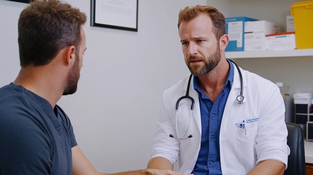 doctor consulting a male patient with a serious expression in a medical office