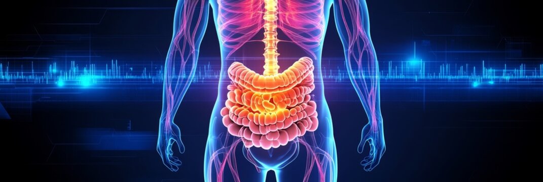 3D Illustration of Human Anatomy Digestive System Highlighted on a Blue Technological Background