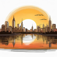 Obraz premium Urban city skyline reflected in a calm river with sunset hues of pink and orange in a minimalist design.