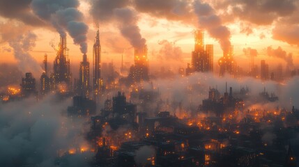 Fototapeta premium Smog-shrouded industrial city at sunset.