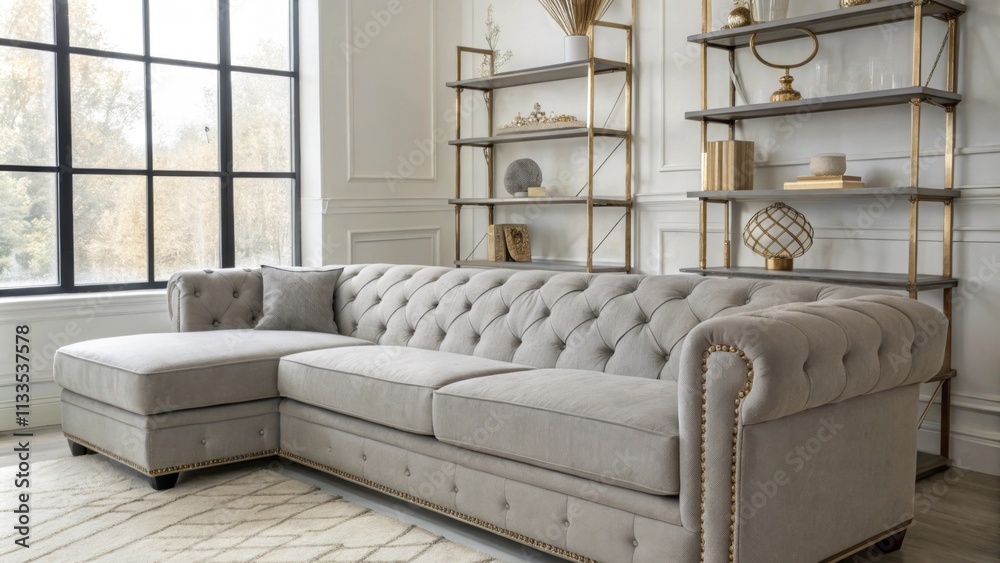 Poster This stylish room includes a spacious gray sectional sofa positioned to maximize light from large windows with elegant metallic accents arranged on floating shelves adding a
