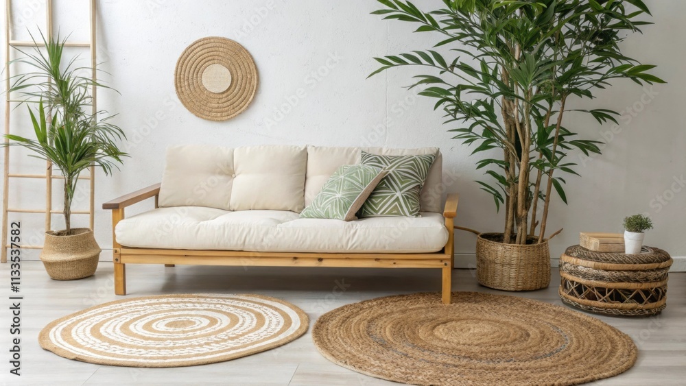 Aufkleber an inviting space highlighting a stylish low sofa that complements a towering indoor plant with mult