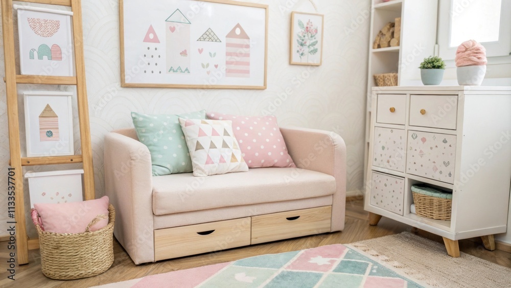 Poster an inviting space showcasing a small comfortable sofa adorned with pastel cushions harmonized with l