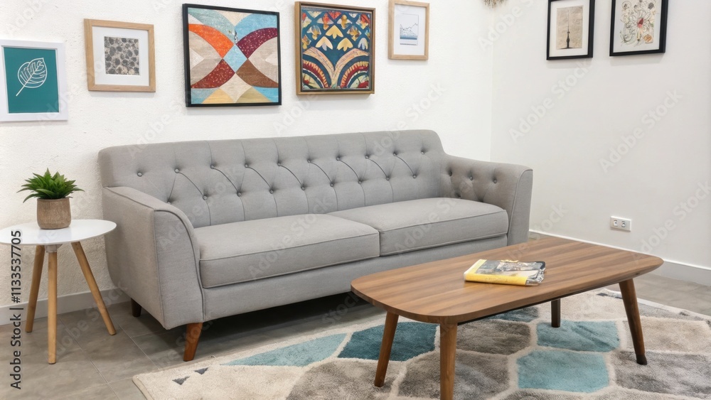 Poster the inviting space showcases a soft gray tufted sofa paired with a modern wooden coffee table while 