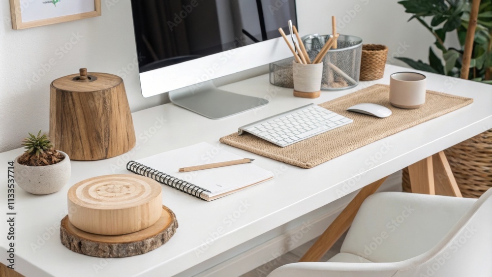 Poster A stylish workspace with a clean white desk and modern accessories accentuated by a smooth natural wood centerpiece that introduces an organic element to the minimalist