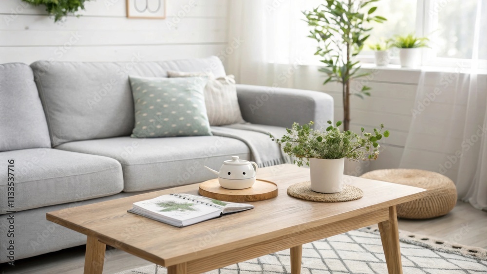 Poster A bright and airy room centered around a comfortable gray sectional and a simple wooden coffee table decorated with subtle greenery and soft lighting.