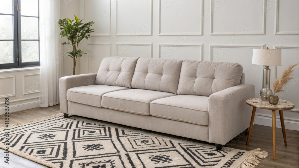 Poster An elegantly simple living room adorned with a plush modular sofa in muted gray set against a backdrop of neutral walls complemented by a striking patterned rug.