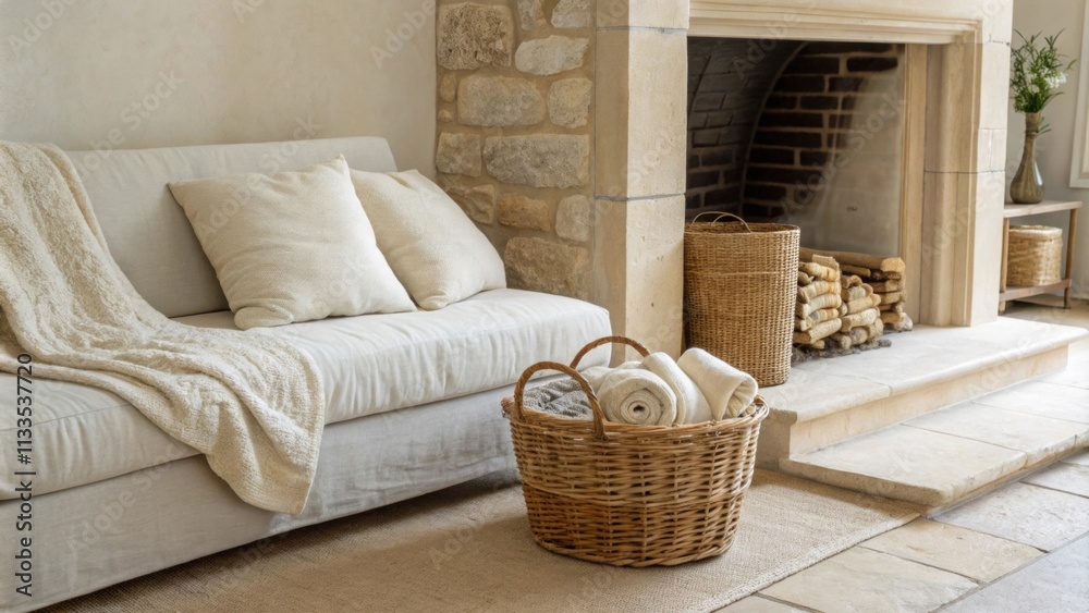 Poster An inviting space with a lowprofile couch covered in soft linen paired with a woven basket filled with light blankets set beside a subtle stone fireplace that adds warmth to