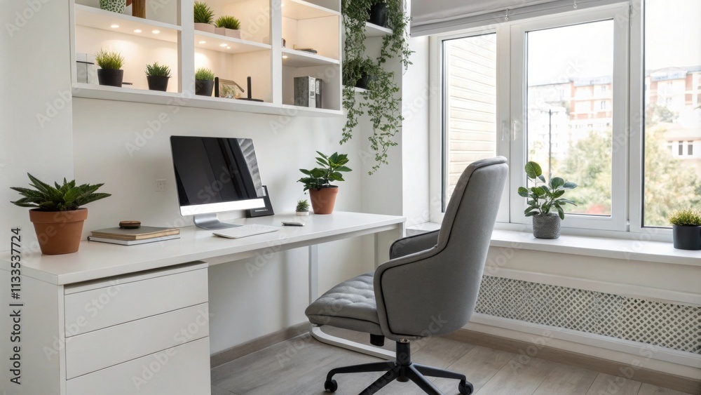Aufkleber an openconcept office bathed in natural light featuring a sleek desk and ergonomic chair with decora