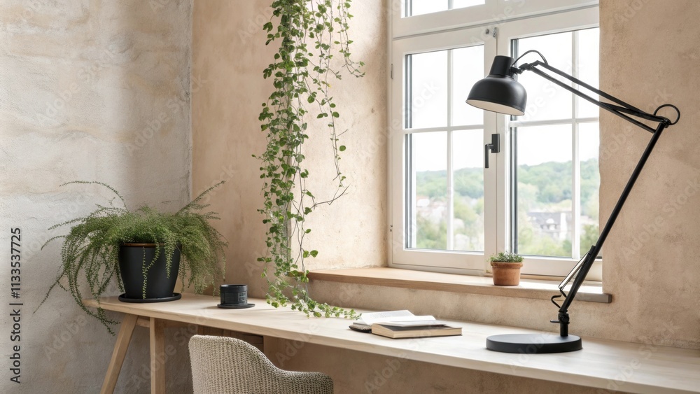 Poster A minimalist workspace with soft sandcolored walls and a light desk highlighted by a bold black desk lamp and a trailing plant in a sleek black pot on the windowsill.
