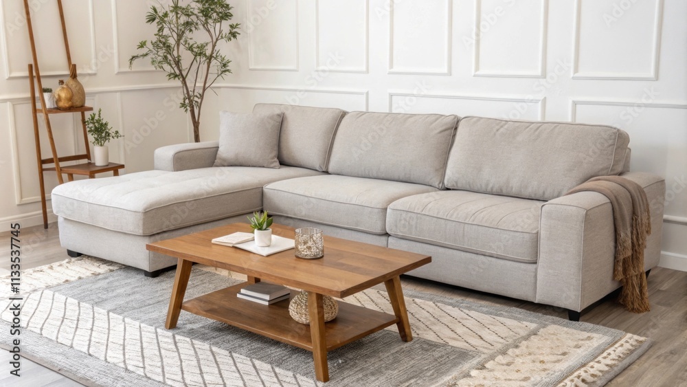 Aufkleber an elegant interior space showcasing a soft gray sectional positioned adjacent to a sleek wooden cof