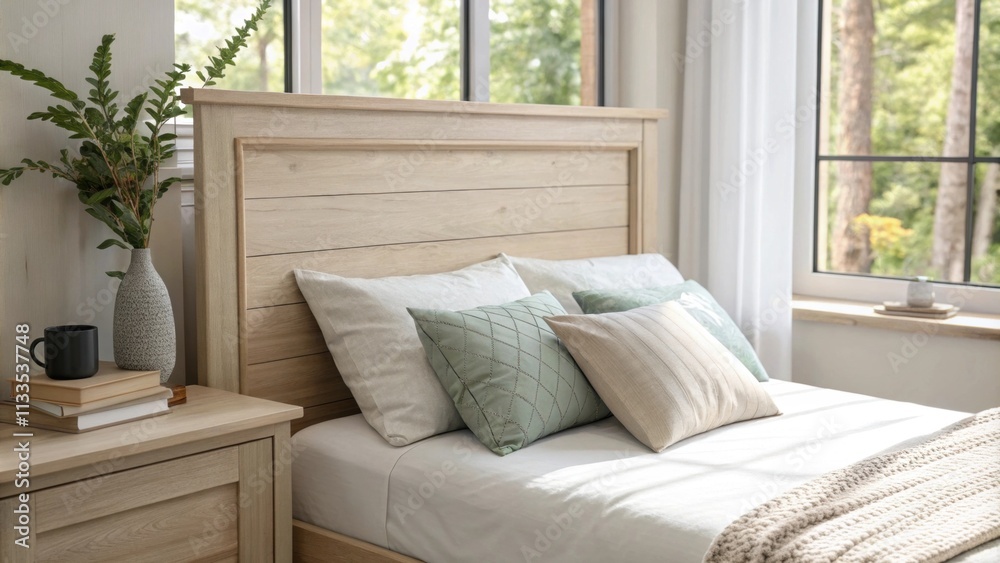 Poster A serene retreat highlighted by a light wood headboard simple white bedding and muted throw pillows creating a relaxing environment filled with natural light.