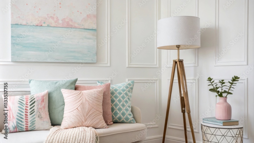 Poster a serene and uncluttered living room with subtle pastel accents in throw pillows a contemporary floo
