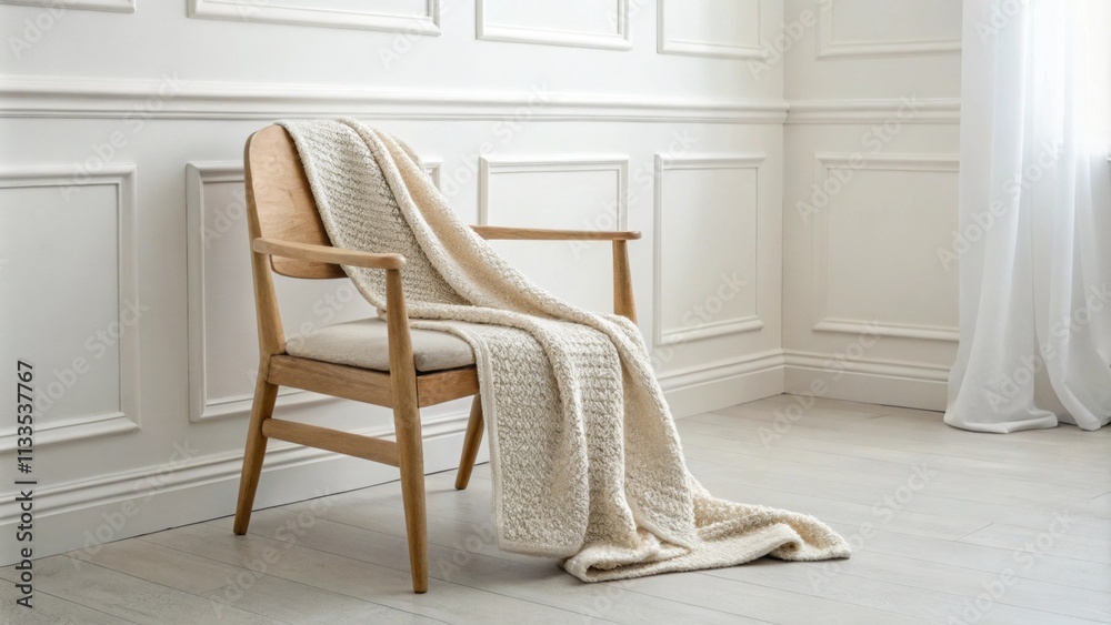 Poster the room features an inviting seating area with a lightcolored wooden chair and a soft throw blanket