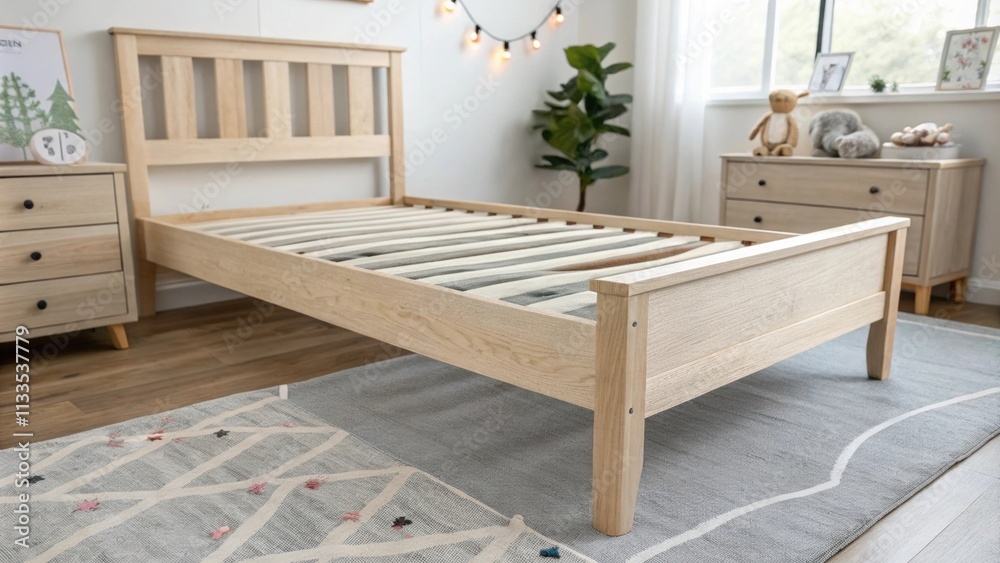 Poster An inviting space with a light wood bed frame resting on a gray area rug highlighted by understated decorative elements that create a tidy appearance.