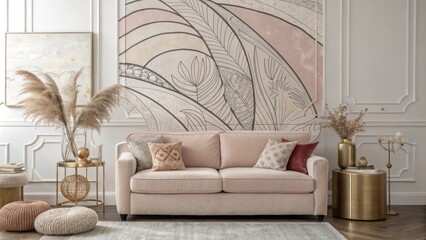 An elegantly styled living room characterized by a striking abstract mural surrounded by soft muted furniture and a carefully arranged selection of decorative accents that