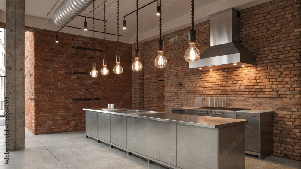 Poster A minimalist kitchen environment with rugged brick walls a streamlined stainless steel island and an array of Edison bulbs that dangle from the ceiling providing functional