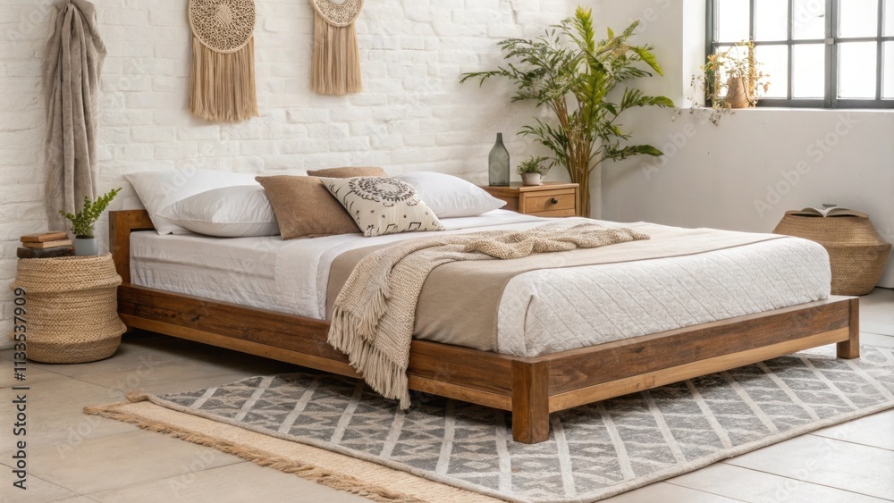 Poster a serene bedroom space characterized by its airy ambiance featuring a wooden platform bed with layer