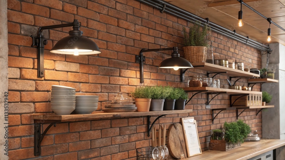 Aufkleber an industrialstyle kitchen with warm brick walls adorned with rugged metal light fixtures where open