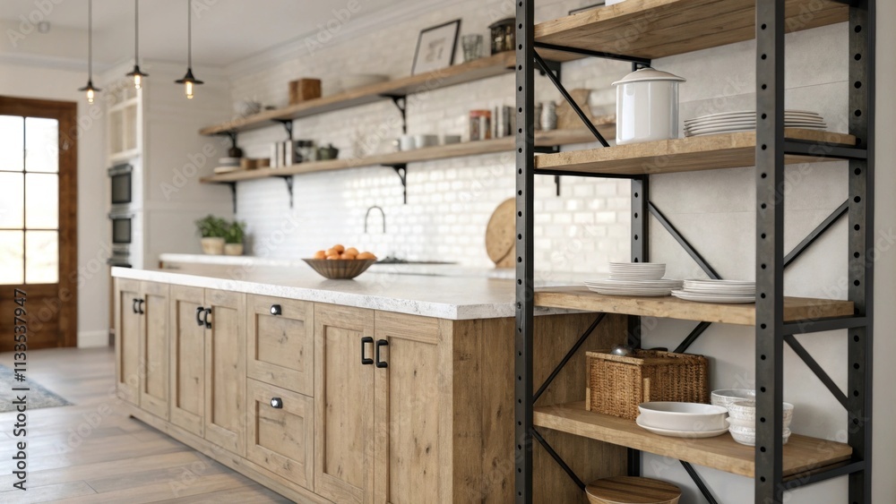 Poster The kitchen includes open shelving made of reclaimed wood accented by dark metal brackets while a large island with polished surfaces serves as the central gathering space.