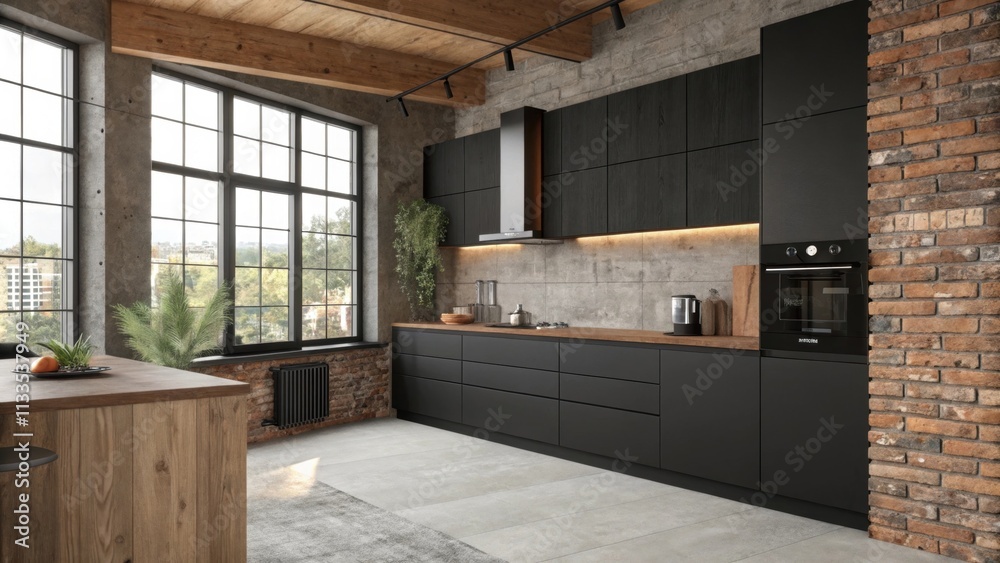 Poster a modern kitchen design that combines rough brick elements with smooth black finishes highlighted by