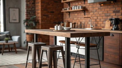 A stylish loft kitchen showcases rich brick walls paired with contemporary industrial stools while a robust reclaimed wood dining table serves as the centerpiece for meals.