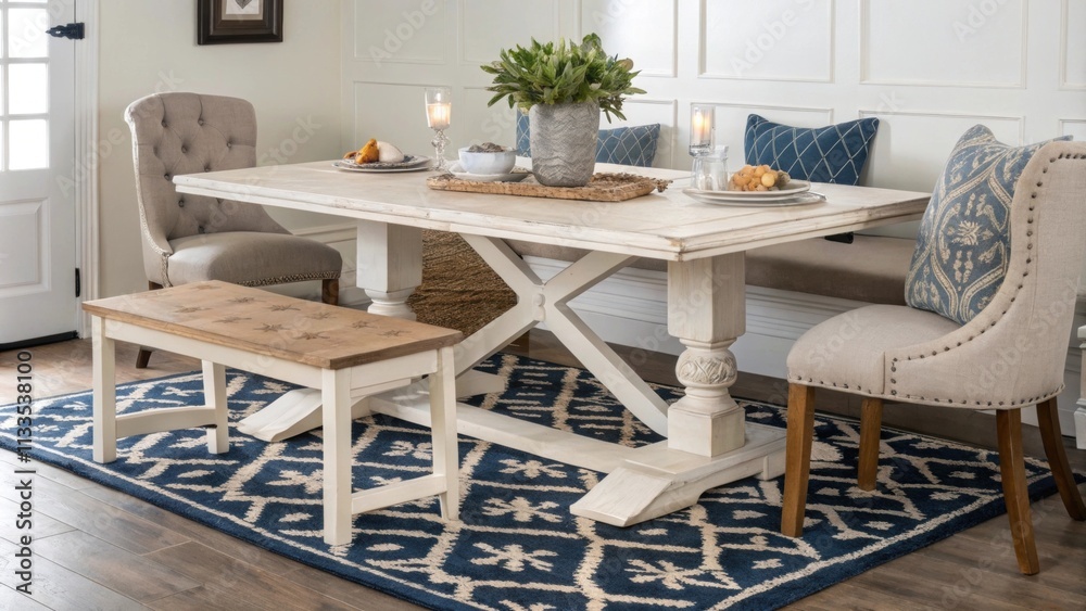 Poster An inviting dining nook with a classic farmhouse table and eclectic seating options highlighted by a striking rug that contrasts with the clean subdued backdrop of the room.