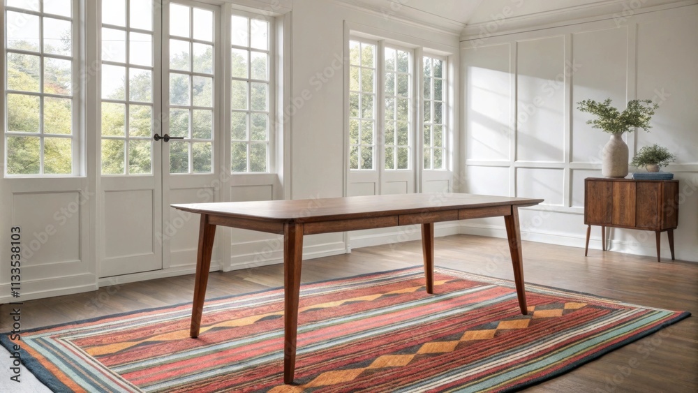 Poster A bright room with large windows a sleek teak dining table centered in the space complemented by neutral wall colors and a striking retro rug adding a pop of color.