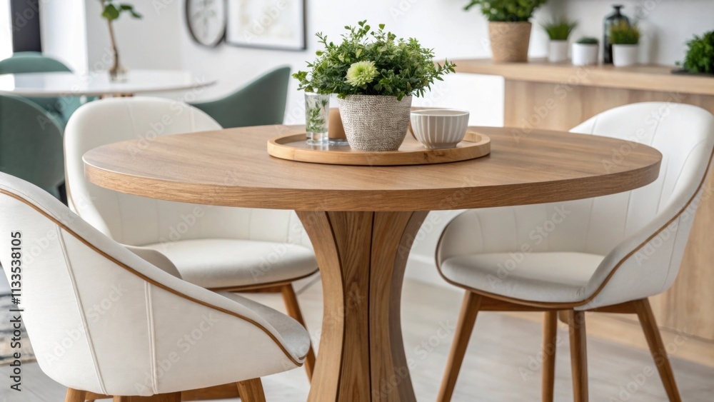 Poster a stylish dining setup showcases a round teak table paired with elegant streamlined chairs