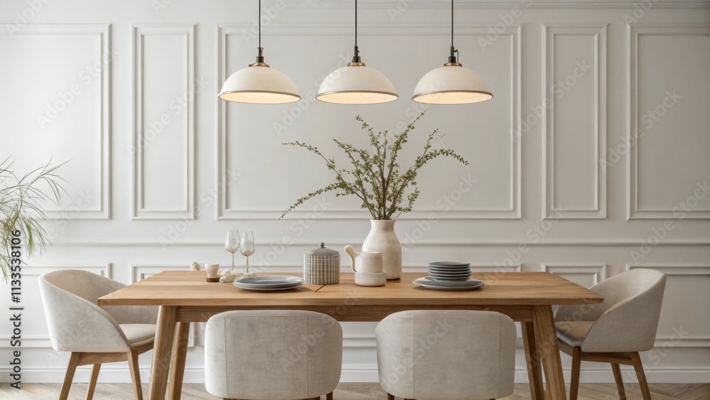Poster an airy dining room characterized by a cleanlined rectangular table in a natural finish adorned with