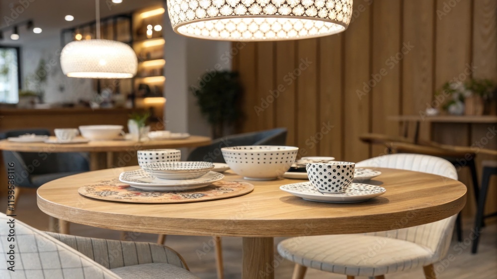 Aufkleber A retrostyle dining area showcasing a round wooden table set with patterned dishes bathed in warm ambient light from a stylish ceiling fixture.