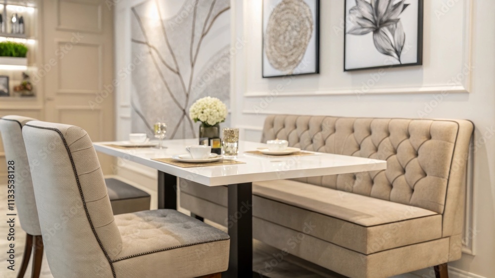 Poster A modern dining space that integrates a stylish rectangular table with cozy upholstered seating enhanced by large abstract wall artworks that create a focal point.