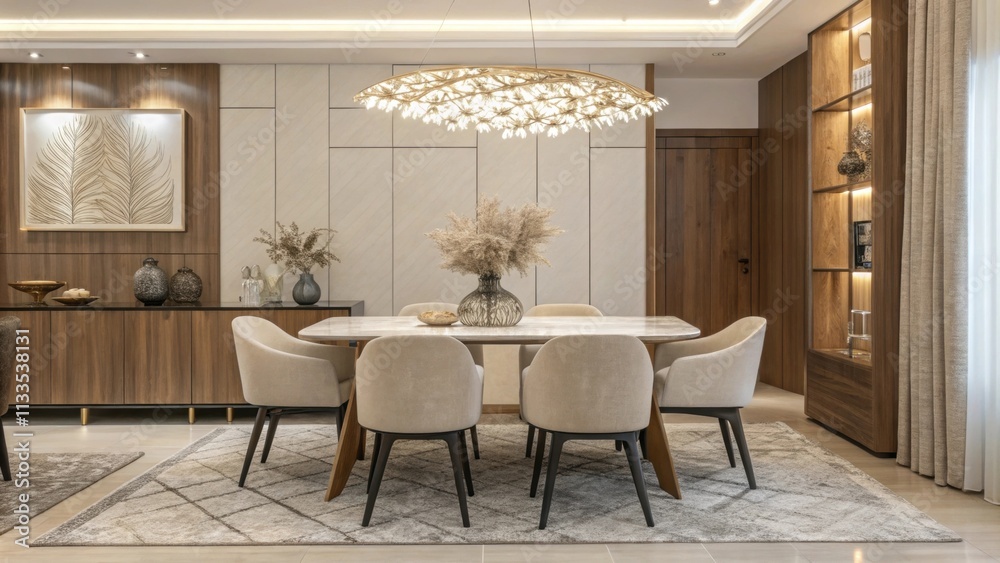 Poster A contemporary dining room characterized by its streamlined furniture and warm earth tones with a stylish rectangular table and lighttoned chairs accentuated by a unique