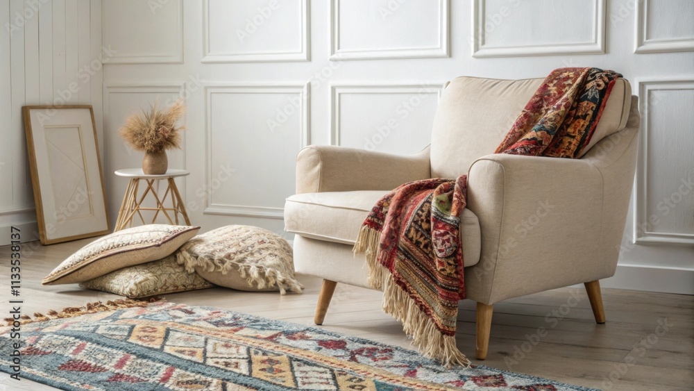 Aufkleber A serene bohoinspired space with a comfortable lowarmchair that invites you to unwind layered with eclectic rugs beneath and adorned with a vivid patterned throw for a pop