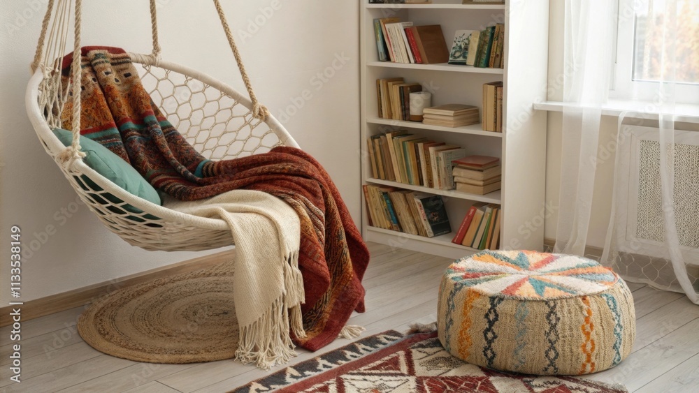 Poster An inviting reading nook with a stylish macrame chair gently swaying surrounded by an array of plush colorful throws draped over a nearby bookshelf. A handwoven kilim