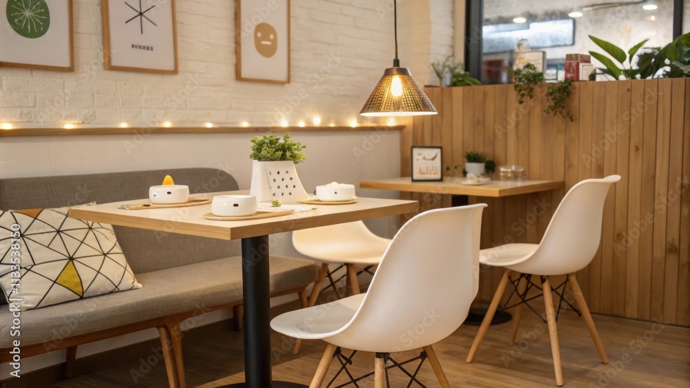 Poster A cozy dining space where midcentury modern design elements highlight geometric shapes complemented by soft ambient lighting that creates an inviting atmosphere.