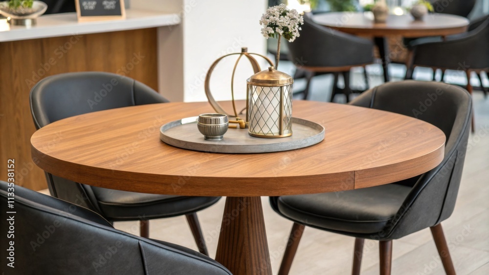 Poster The image features a warmtoned teak table with a smooth circular surface accompanied by sleek contemporary chairs and accented by an eyecatching centerpiece that echoes