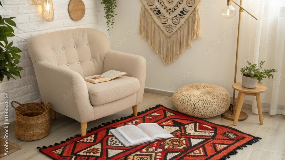 Aufkleber a serene reading spot with a cushy armchair an eyecatching area rug filled with bold designs and dec