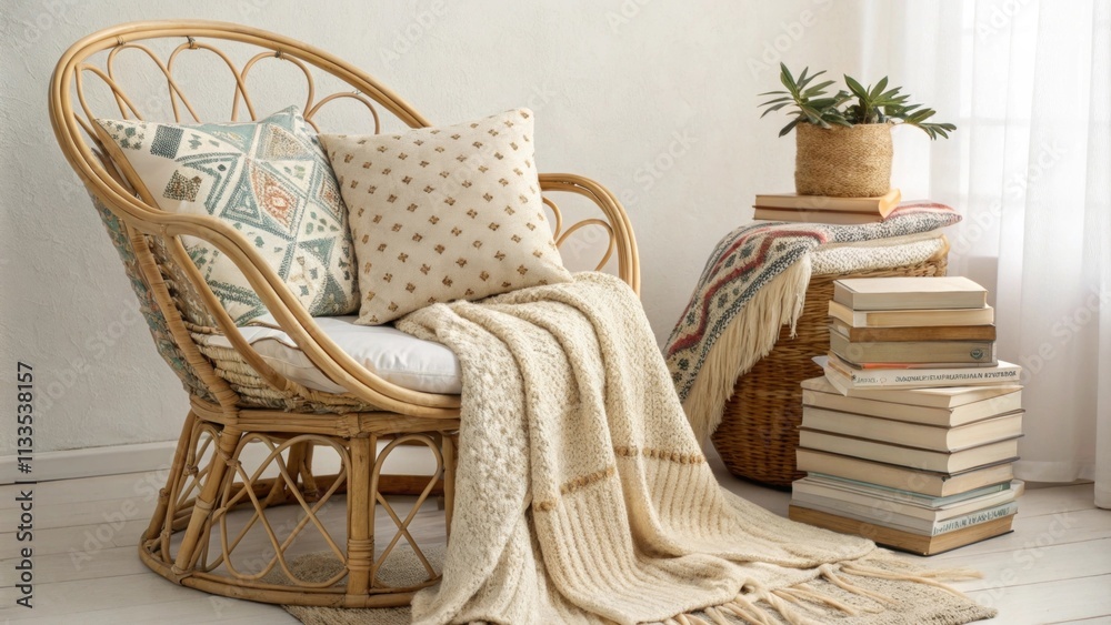 Poster An inviting bohemian space features a comfortable rattan chair surrounded by plush patterned cushions with a cozy woven blanket artfully p over the armrest and books piled