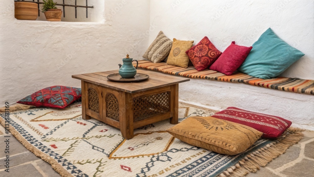 Poster A charming corner arrangement highlighted by a textured Moroccan rug an array of colorful cushions for comfort and a low wooden coffee table providing simplicity and style.
