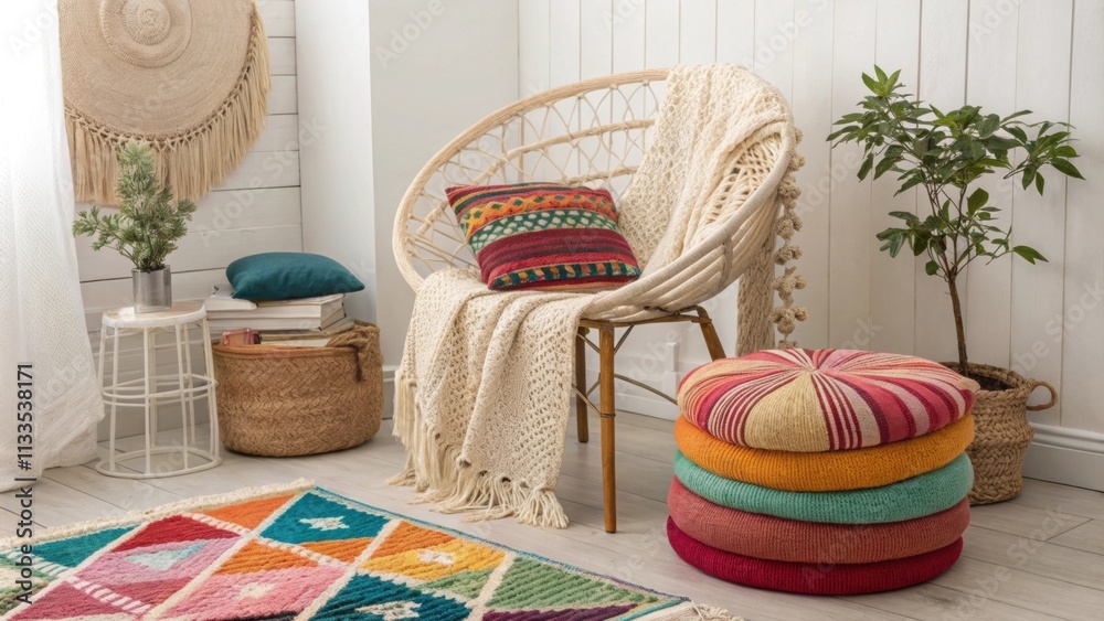 Poster an artfully arranged nook highlighted by a bohemian macrame chair surrounded by layers of colorful t