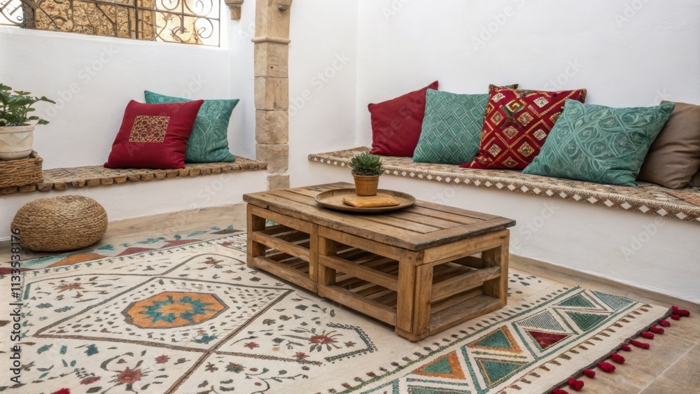 Poster a relaxed seating area showcasing an intricately designed moroccaninspired rug a mix of vividly colo