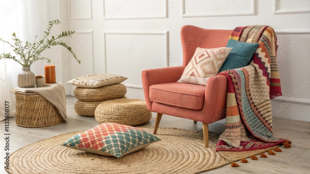 Poster an artistic space showcasing a comfortable armchair upholstered in bold hues nestled a various patte